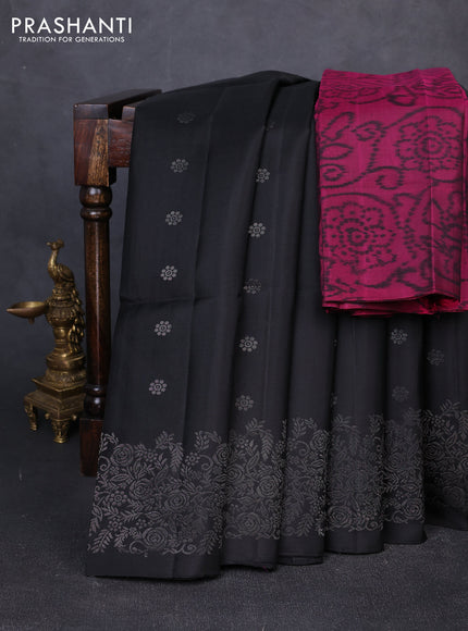 Pure soft silk saree black and magenta pink with allover zari woven buttas and zari woven border