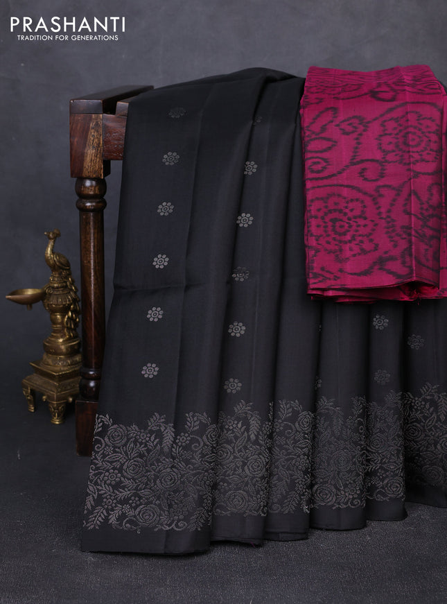 Pure soft silk saree black and magenta pink with allover zari woven buttas and zari woven border