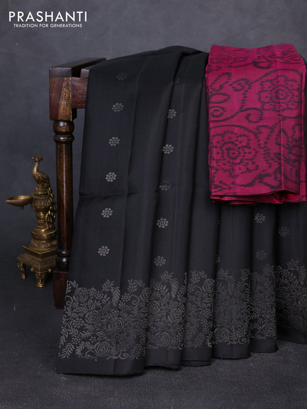 Pure soft silk saree black and magenta pink with allover zari woven buttas and zari woven border