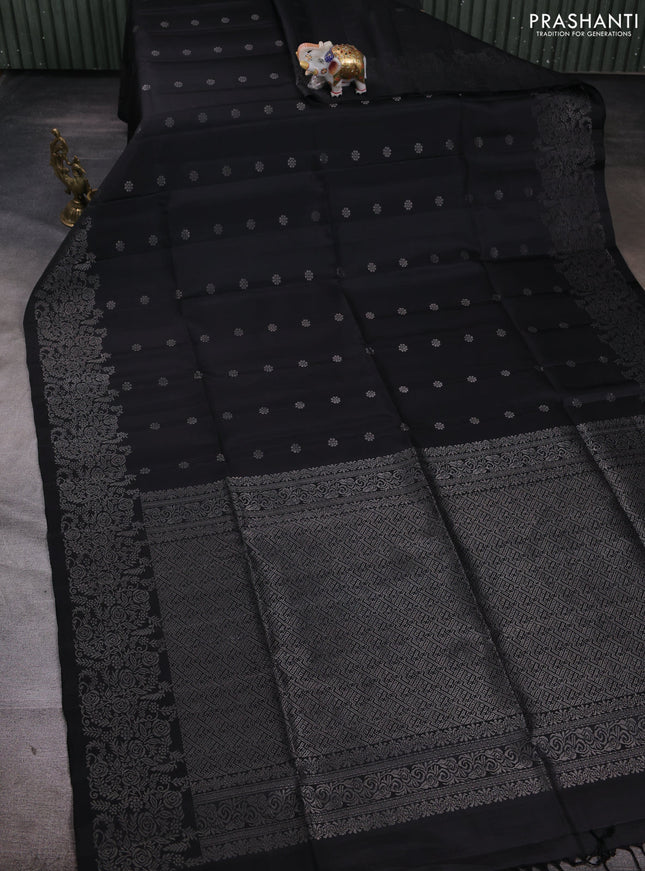Pure soft silk saree black and magenta pink with allover zari woven buttas and zari woven border