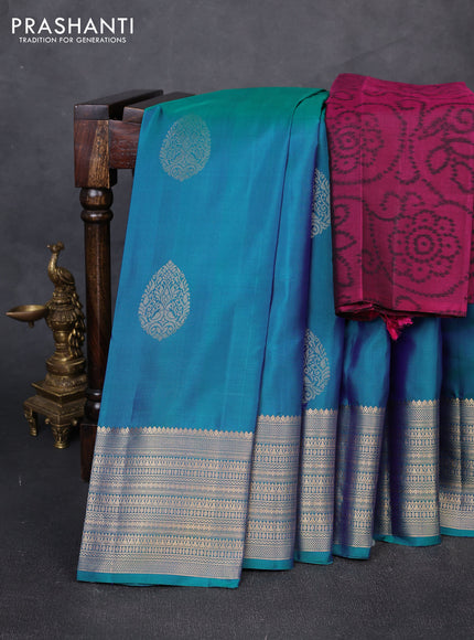 Pure soft silk saree dual shade of bluish green and magenta pink with zari woven buttas and zari woven border