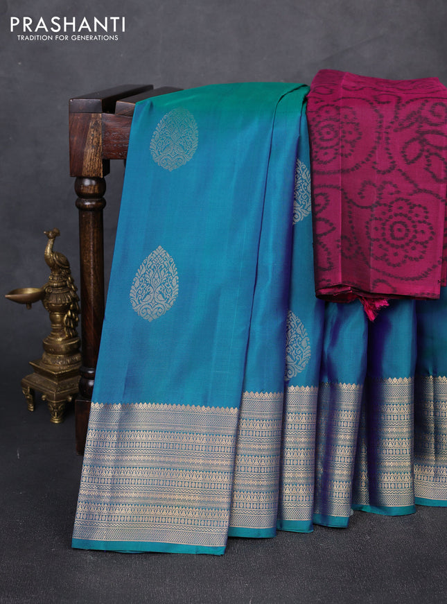 Pure soft silk saree dual shade of bluish green and magenta pink with zari woven buttas and zari woven border