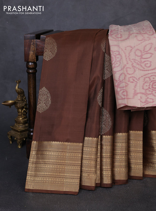 Pure soft silk saree brown and beige with zari woven buttas and zari woven border