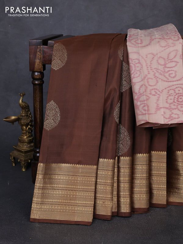 Pure soft silk saree brown and beige with zari woven buttas and zari woven border