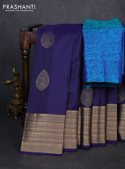 Pure soft silk saree navy blue and teal green with zari woven buttas and zari woven border