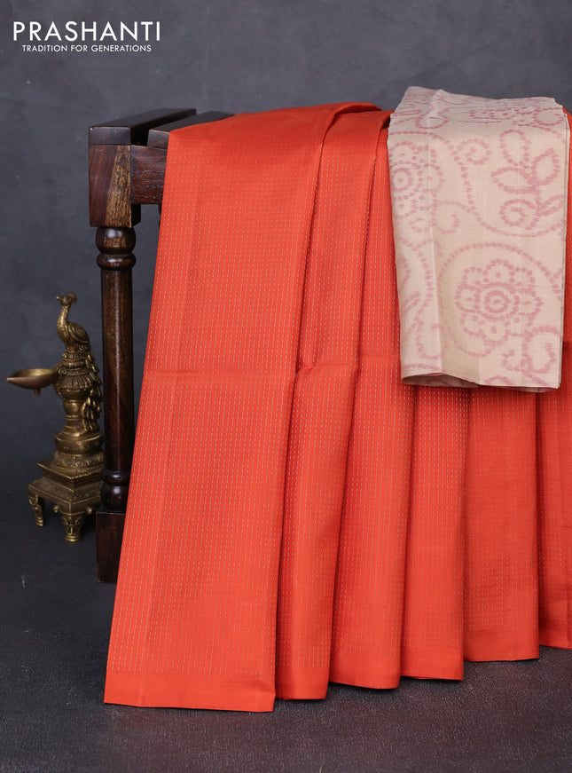 Pure soft silk saree orange and beige with allover zari woven brocade weaves in borderless style