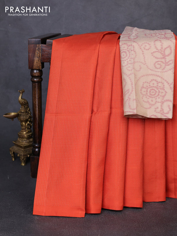 Pure soft silk saree orange and beige with allover zari woven brocade weaves in borderless style