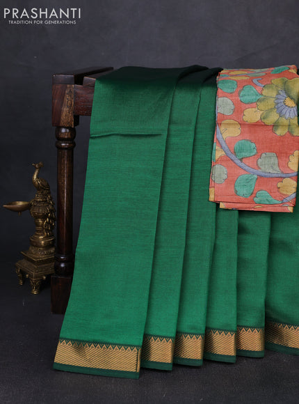 Mangalgiri silk cotton saree green and orange with plain body and zari woven border