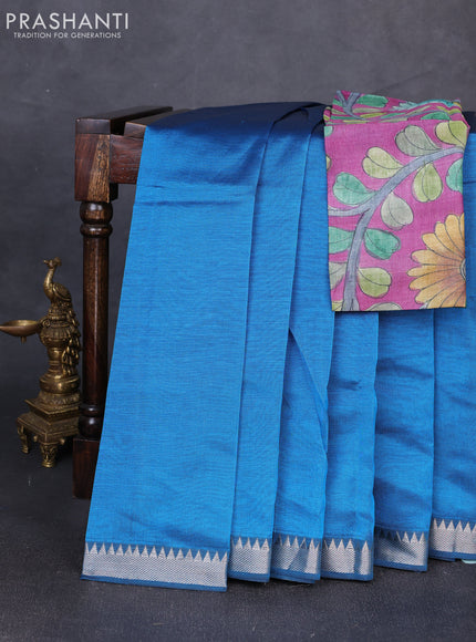 Mangalgiri silk cotton saree cs blue and purple with plain body and temple design silver zari woven border