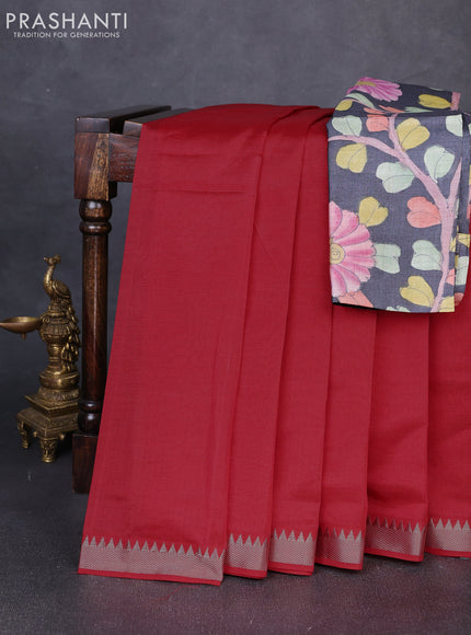 Mangalgiri silk cotton saree red and elephant grey with plain body and temple design silver zari woven border