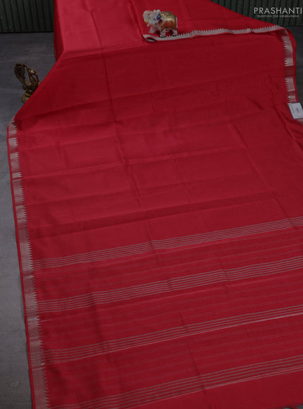 Mangalgiri silk cotton saree red and elephant grey with plain body and temple design silver zari woven border