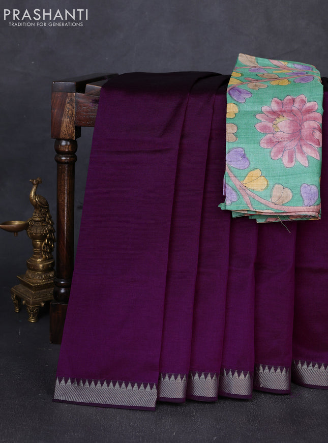 Mangalgiri silk cotton saree magenta pink and green with plain body and temple design silver zari woven border