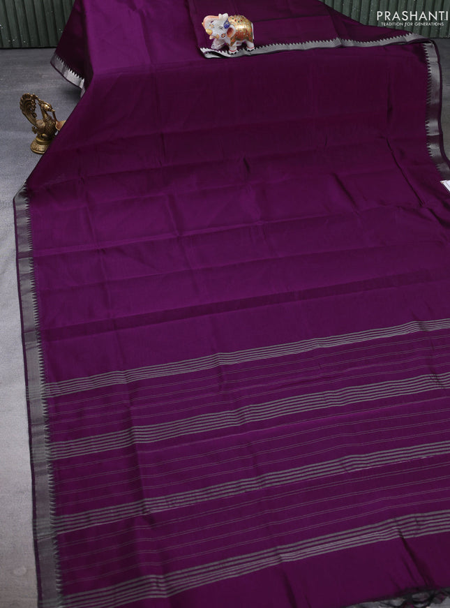 Mangalgiri silk cotton saree magenta pink and green with plain body and temple design silver zari woven border