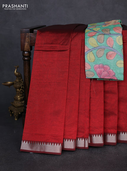Mangalgiri silk cotton saree maroon and green with plain body and temple design silver zari woven border