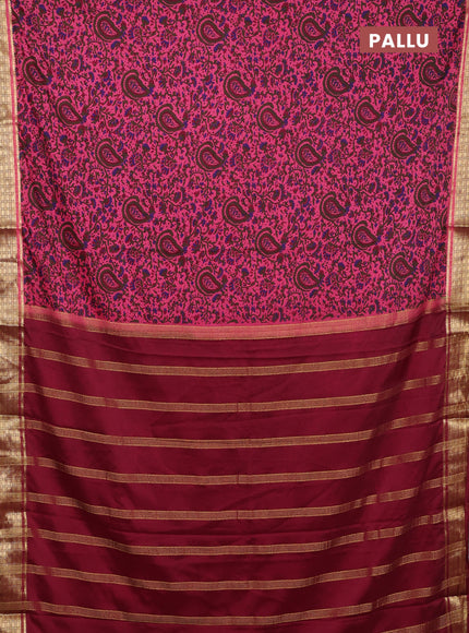 Semi mysore silk saree peach pink and maroon with allover prints and small zari woven border
