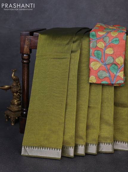 Mangalgiri silk cotton saree mehendi green and orange with plain body and temple design silver zari woven border