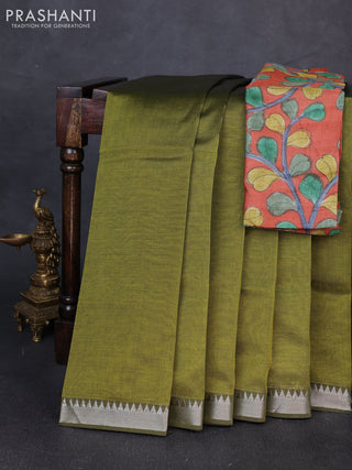Mangalgiri silk cotton saree mehendi green and orange with plain body and temple design silver zari woven border