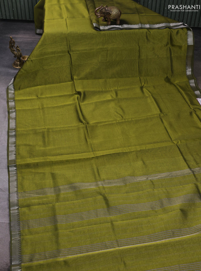 Mangalgiri silk cotton saree mehendi green and orange with plain body and temple design silver zari woven border