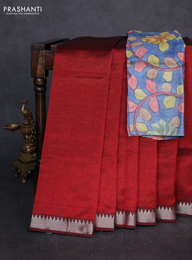 Mangalgiri silk cotton saree maroon and bluish grey with plain body and temple design silver zari woven border