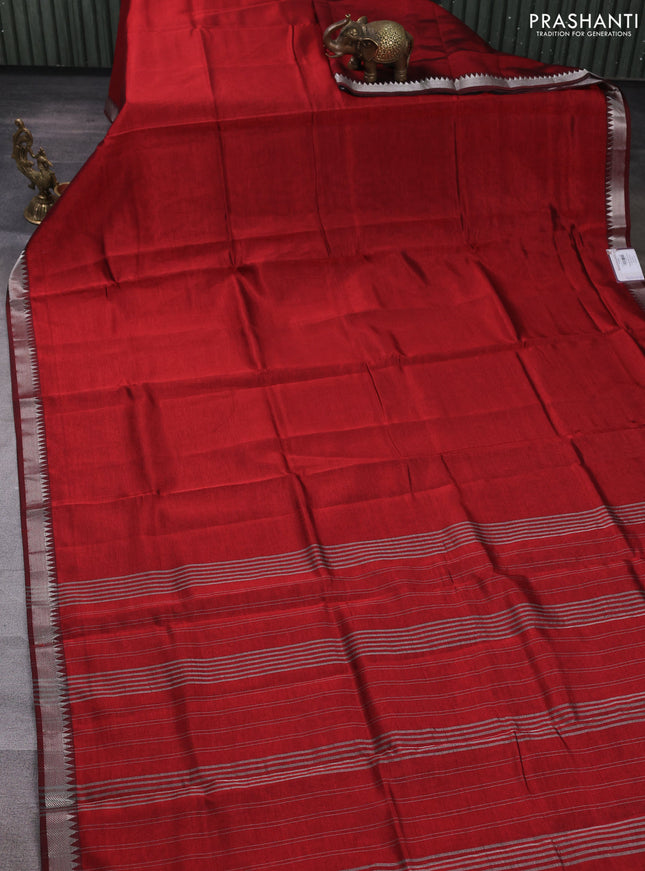 Mangalgiri silk cotton saree maroon and bluish grey with plain body and temple design silver zari woven border