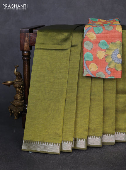 Mangalgiri silk cotton saree mehendi green and orange with plain body and temple design silver zari woven border