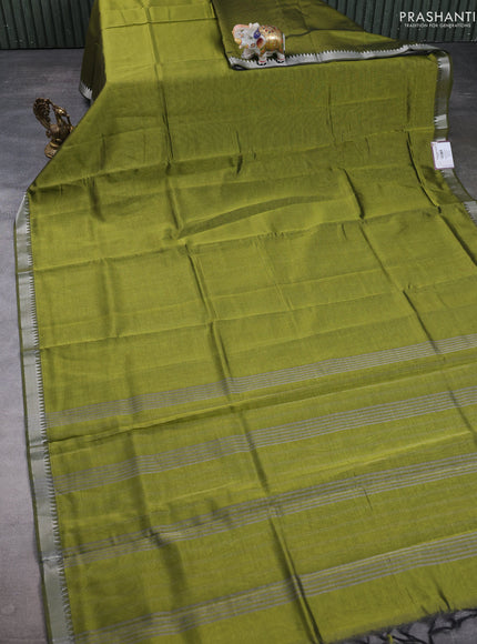 Mangalgiri silk cotton saree mehendi green and orange with plain body and temple design silver zari woven border