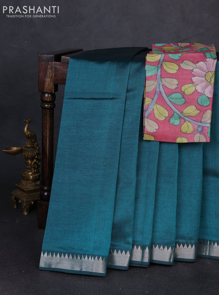 Mangalgiri silk cotton saree teal green and maroon shade with plain body and temple design silver zari woven border