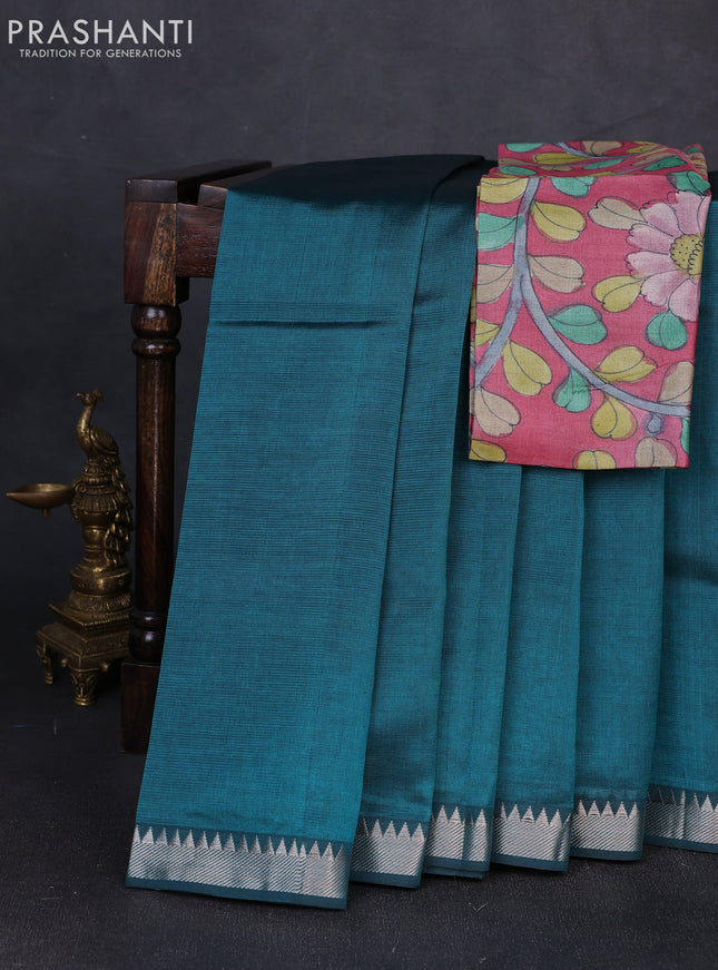 Mangalgiri silk cotton saree teal green and maroon shade with plain body and temple design silver zari woven border