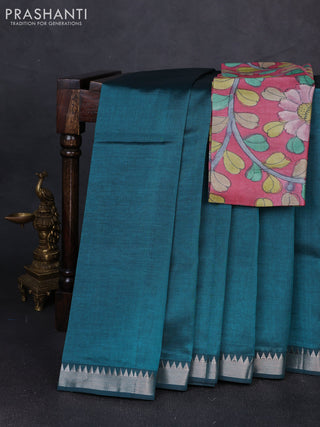 Mangalgiri silk cotton saree teal green and maroon shade with plain body and temple design silver zari woven border