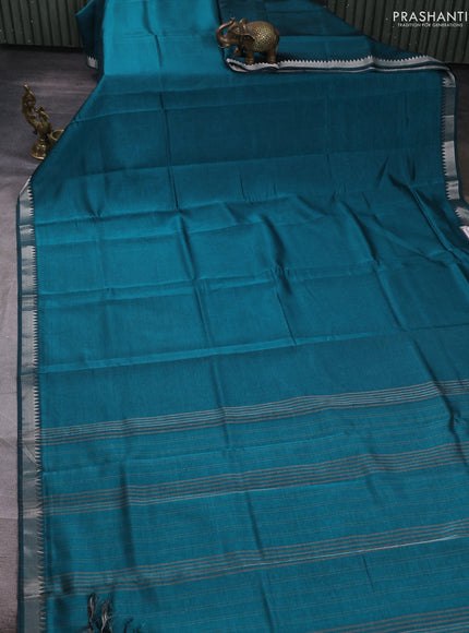 Mangalgiri silk cotton saree teal green and maroon shade with plain body and temple design silver zari woven border