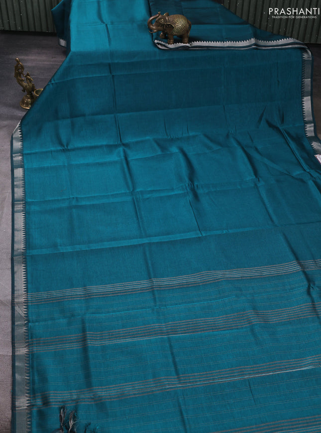 Mangalgiri silk cotton saree teal green and maroon shade with plain body and temple design silver zari woven border