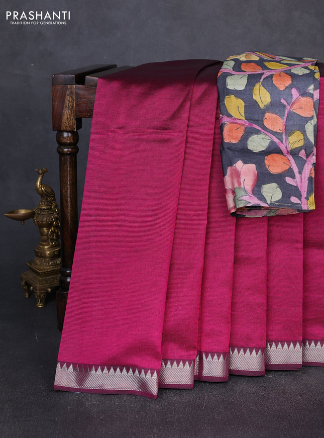 Mangalgiri silk cotton saree magenta pink and elephant grey with plain body and temple design silver zari woven border