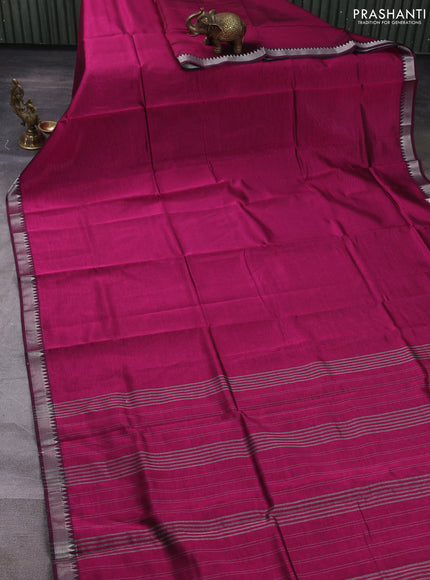 Mangalgiri silk cotton saree magenta pink and elephant grey with plain body and temple design silver zari woven border