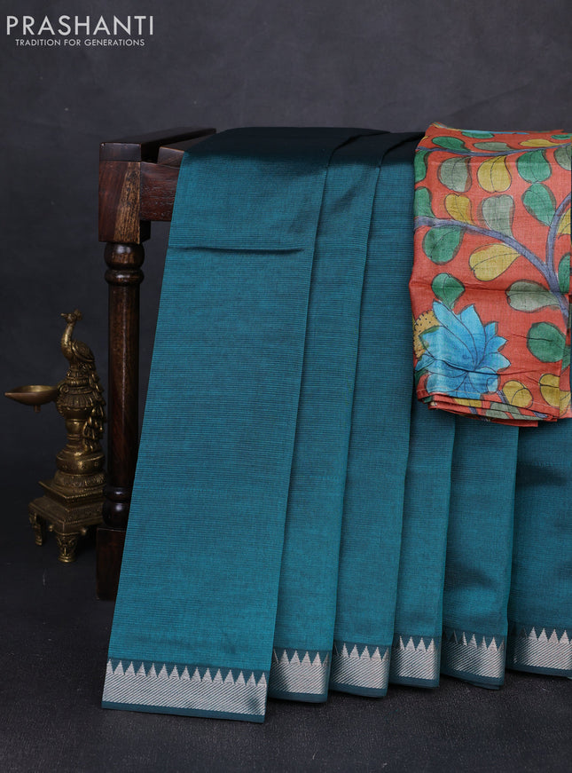 Mangalgiri silk cotton saree teal green and orange with plain body and temple design silver zari woven border