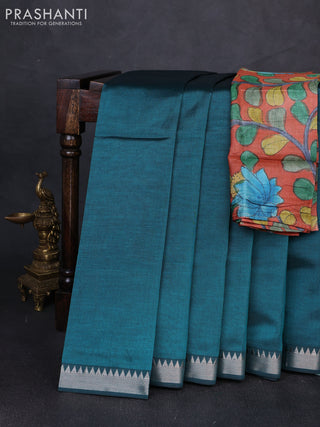 Mangalgiri silk cotton saree teal green and orange with plain body and temple design silver zari woven border
