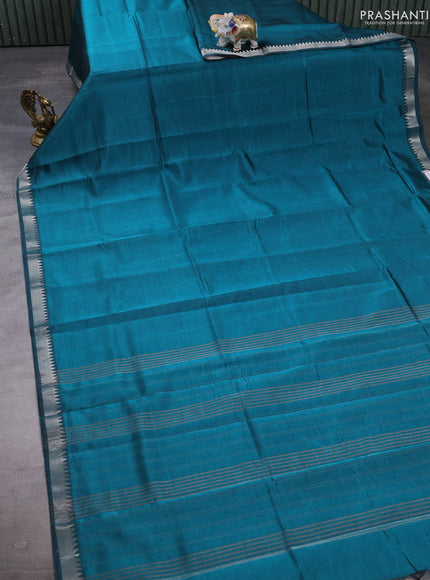 Mangalgiri silk cotton saree teal green and orange with plain body and temple design silver zari woven border
