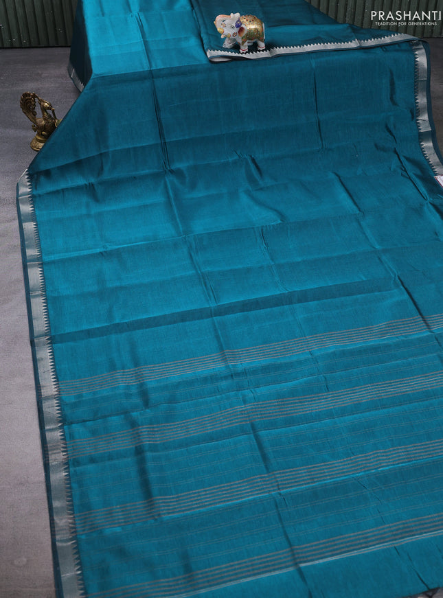Mangalgiri silk cotton saree teal green and orange with plain body and temple design silver zari woven border