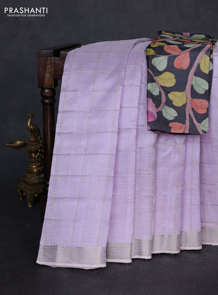 Mangalgiri silk cotton saree mild lavender and elephant grey with allover silver zari checked pattern and silver zari woven border