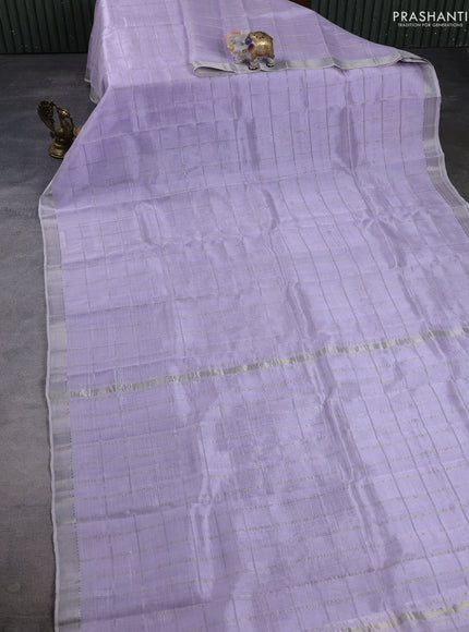 Mangalgiri silk cotton saree mild lavender and elephant grey with allover silver zari checked pattern and silver zari woven border