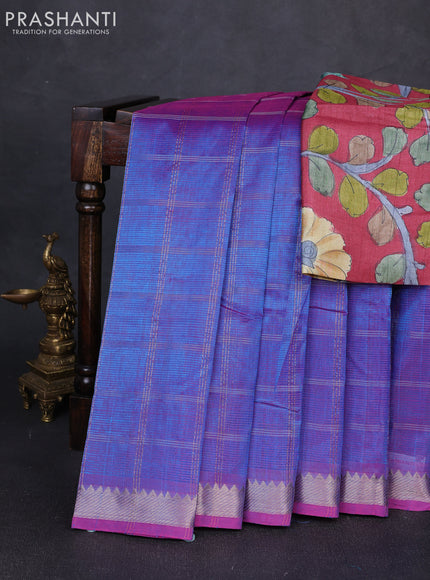 Mangalgiri silk cotton saree dual shade of purple and maroon shade with allover silver zari checked pattern and temple design silver zari woven border
