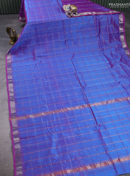 Mangalgiri silk cotton saree dual shade of purple and maroon shade with allover silver zari checked pattern and temple design silver zari woven border