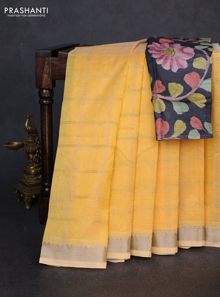 Mangalgiri silk cotton saree pale yellow and elephant grey with allover silver zari checked pattern and temple design silver zari woven border