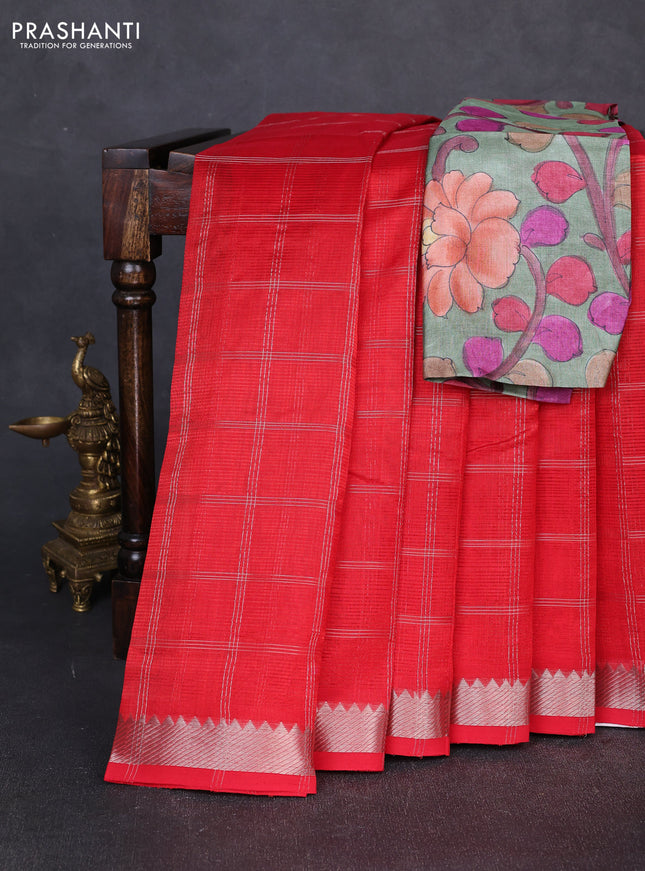Mangalgiri silk cotton saree red and green shade with allover silver zari checked pattern and temple design silver zari woven border