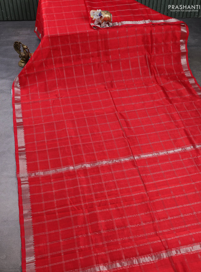 Mangalgiri silk cotton saree red and green shade with allover silver zari checked pattern and temple design silver zari woven border