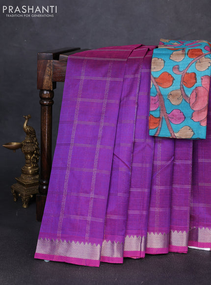 Mangalgiri silk cotton saree purple and blue with allover silver zari checked pattern and temple design silver zari woven border