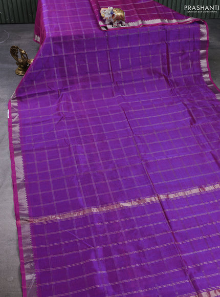 Mangalgiri silk cotton saree purple and blue with allover silver zari checked pattern and temple design silver zari woven border