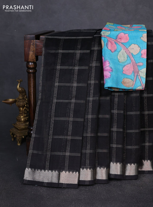 Mangalgiri silk cotton saree black and blue with allover silver zari checked pattern and temple design silver zari woven border