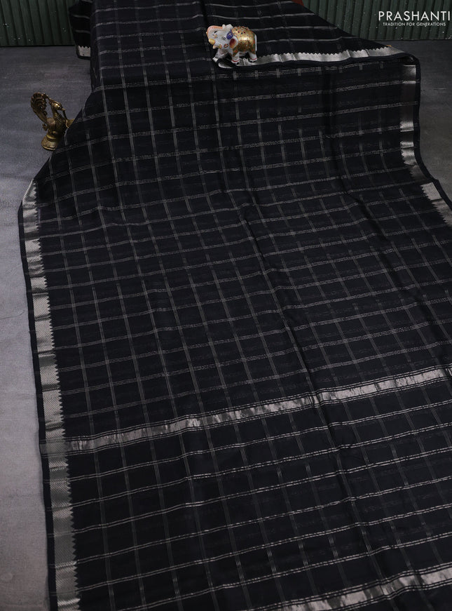 Mangalgiri silk cotton saree black and blue with allover silver zari checked pattern and temple design silver zari woven border