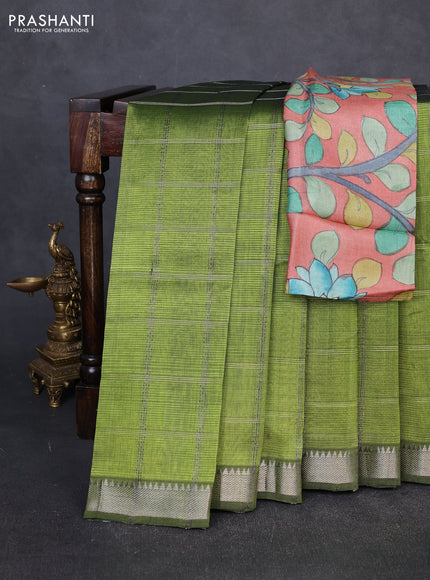 Mangalgiri silk cotton saree green and peach with allover silver zari checked pattern and temple design silver zari woven border