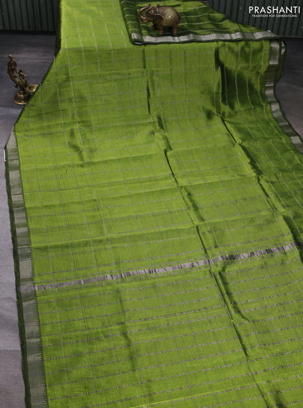 Mangalgiri silk cotton saree green and peach with allover silver zari checked pattern and temple design silver zari woven border